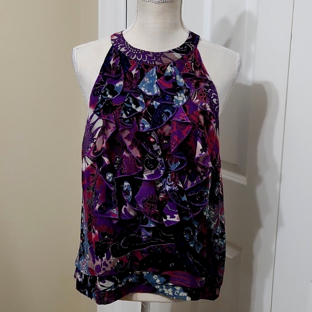 ECI HALTER SLEEVELESS PURPLE GREY BLACK WHITE TOP SZ M IN EXCELLENT CONDITION